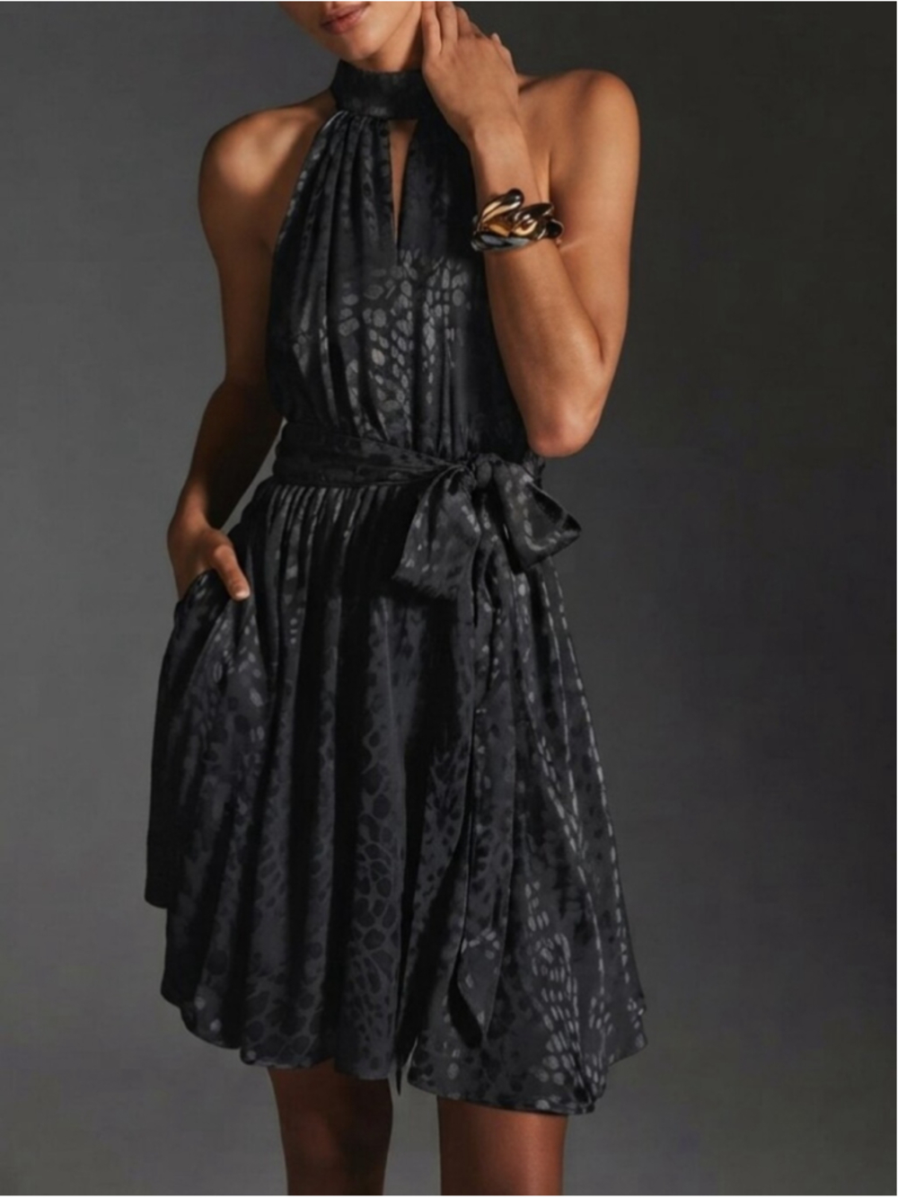 Anthropologie Halter Neck Mini Dress Sz M Black Leopard Jacquard Dark Romantic